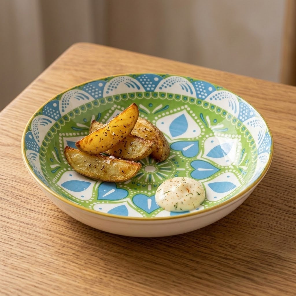 A decorative ceramic bowl with a green, blue, and white geometric pattern, containing roasted potato wedges and a dollop of white sauce, set on a wooden table.