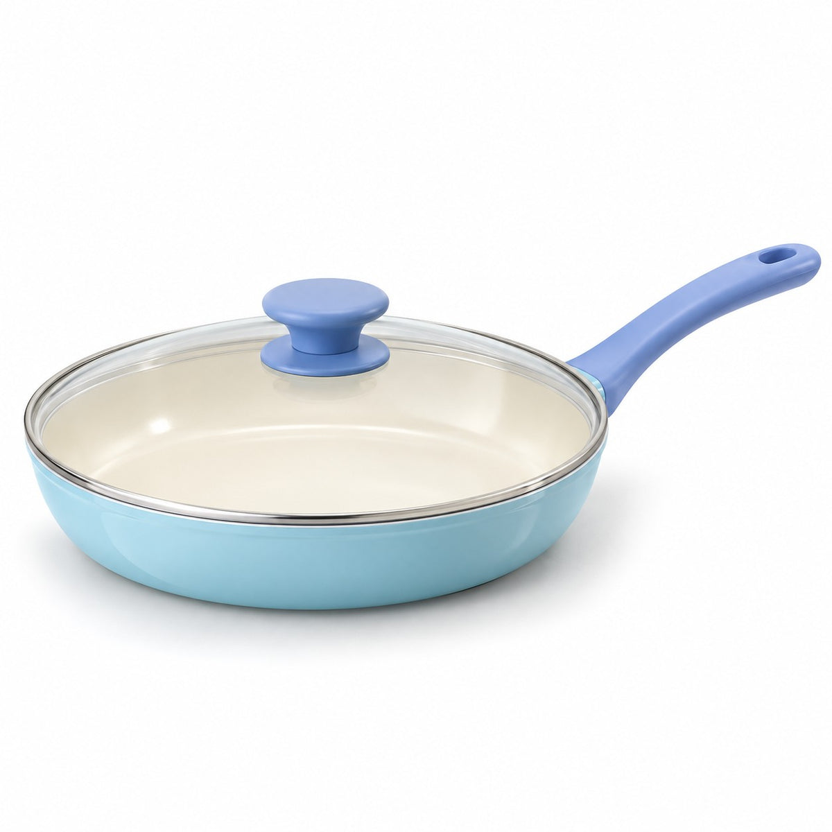 Ceramic Glaze Nonstick Frying Pan with its glass lid and blue knob on a white studio background.