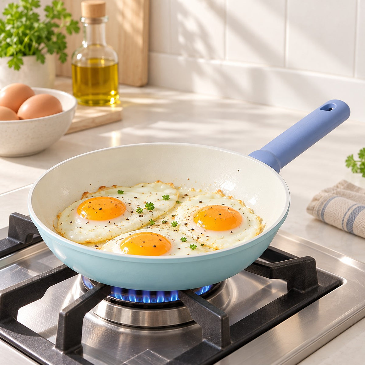 Ceramic Glaze Nonstick Frying Pan cooking eggs neatly on a gas stovetop in a bright kitchen.