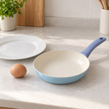 Ceramic Glaze Nonstick Frying Pan beside a dinner plate and egg to show its compact scale.