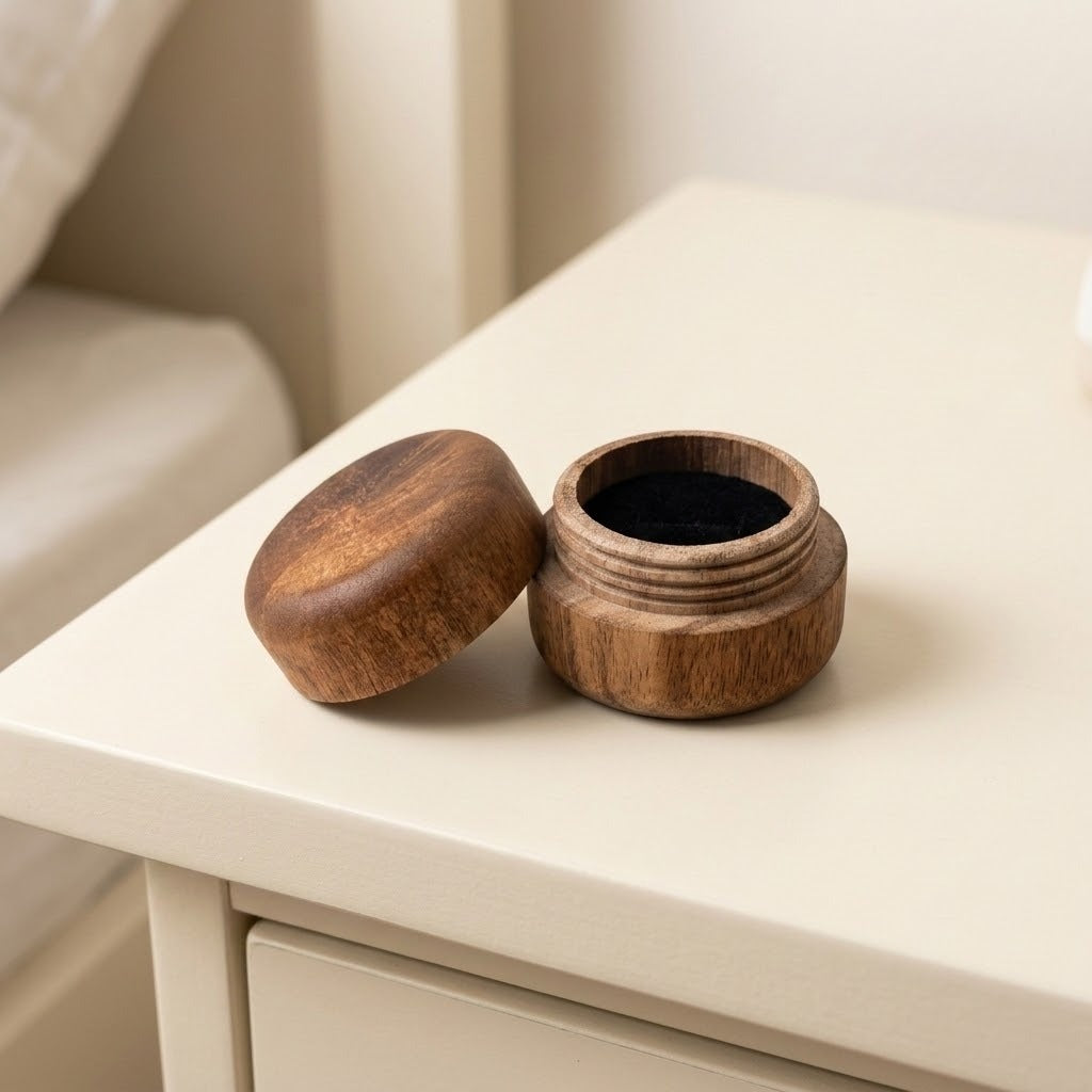 A small round wooden jar with its lid off, showing a dark interior, placed on a light cream-colored bedside table.