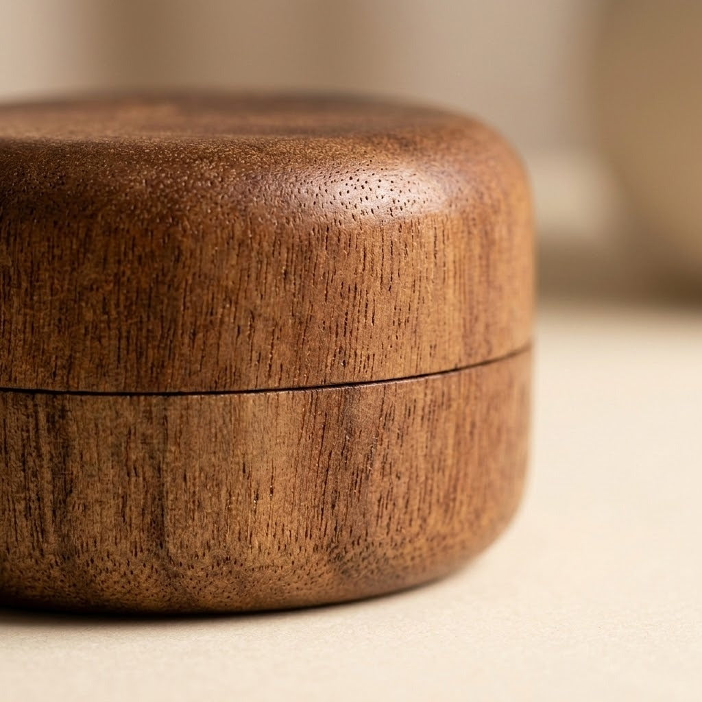 A close-up of a round wooden box with a smooth, polished finish and visible wood grain texture, resting on a light beige surface.