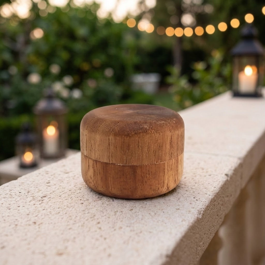 A small round wooden box with a lid sits on a light stone ledge outdoors, with blurred lanterns and greenery in the background.