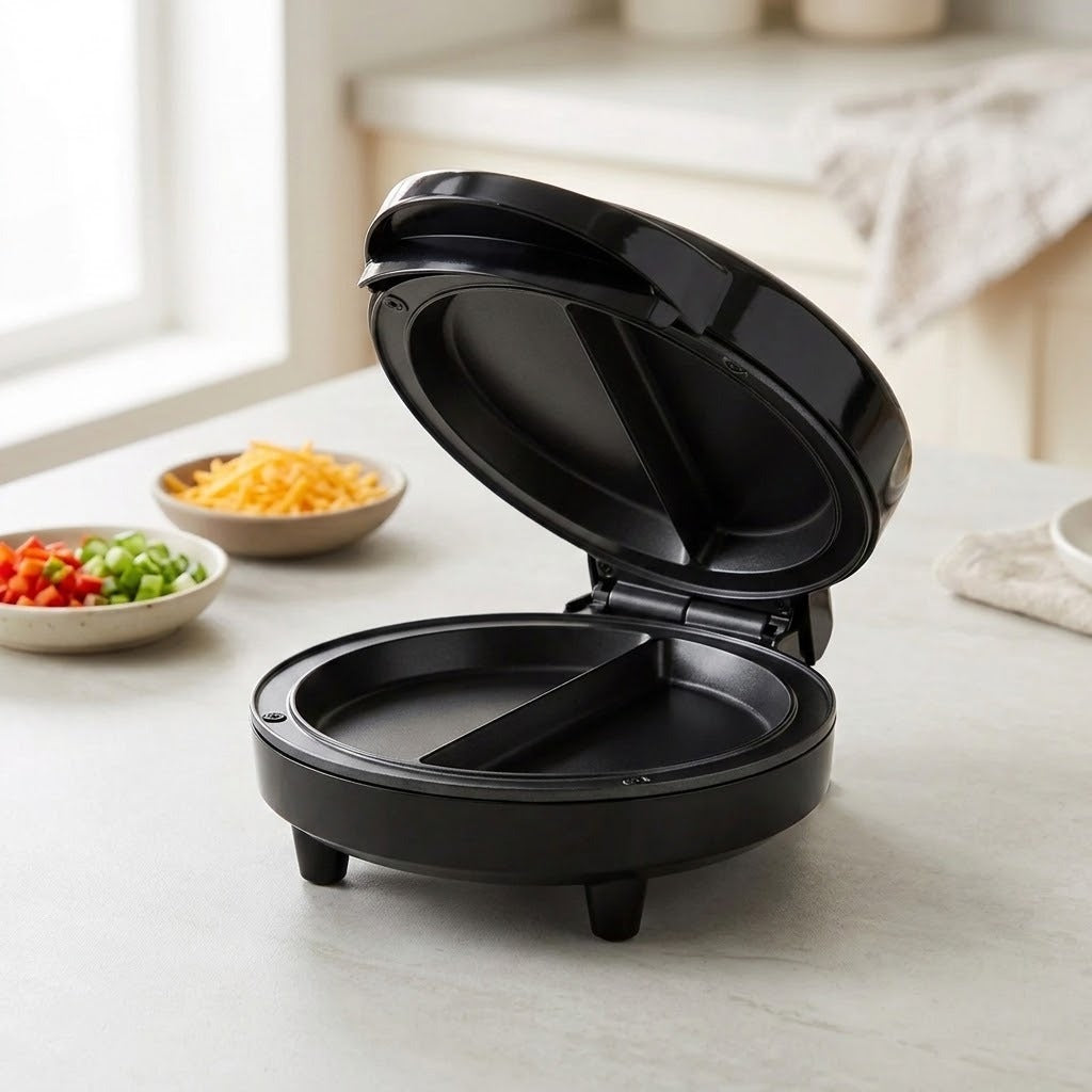 A black round sandwich maker or waffle press shown open on a light countertop, with bowls of chopped vegetables and shredded cheese blurred in the background.