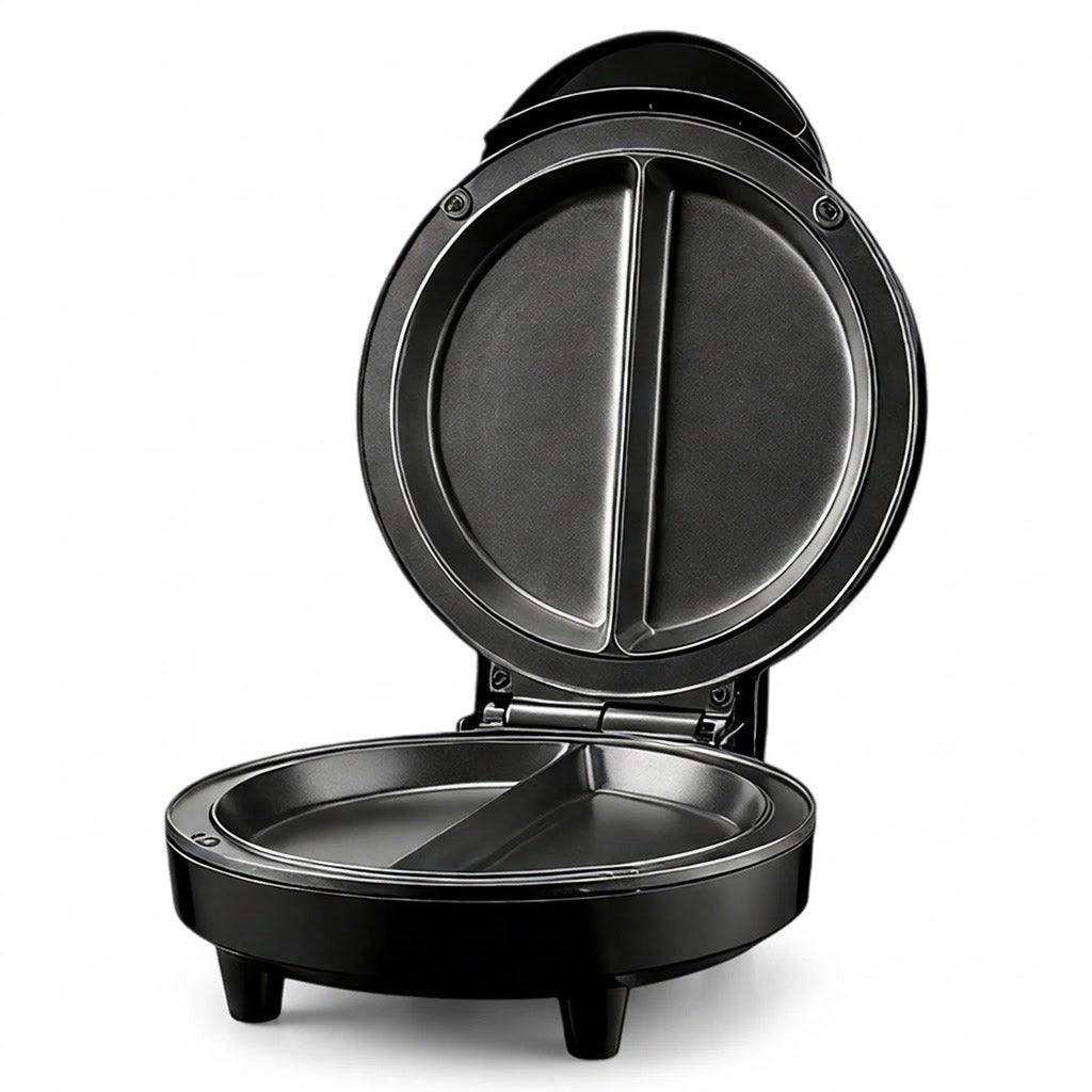 A black round sandwich maker or waffle maker shown open, with two divided cooking plates visible inside, photographed on a clean white background.