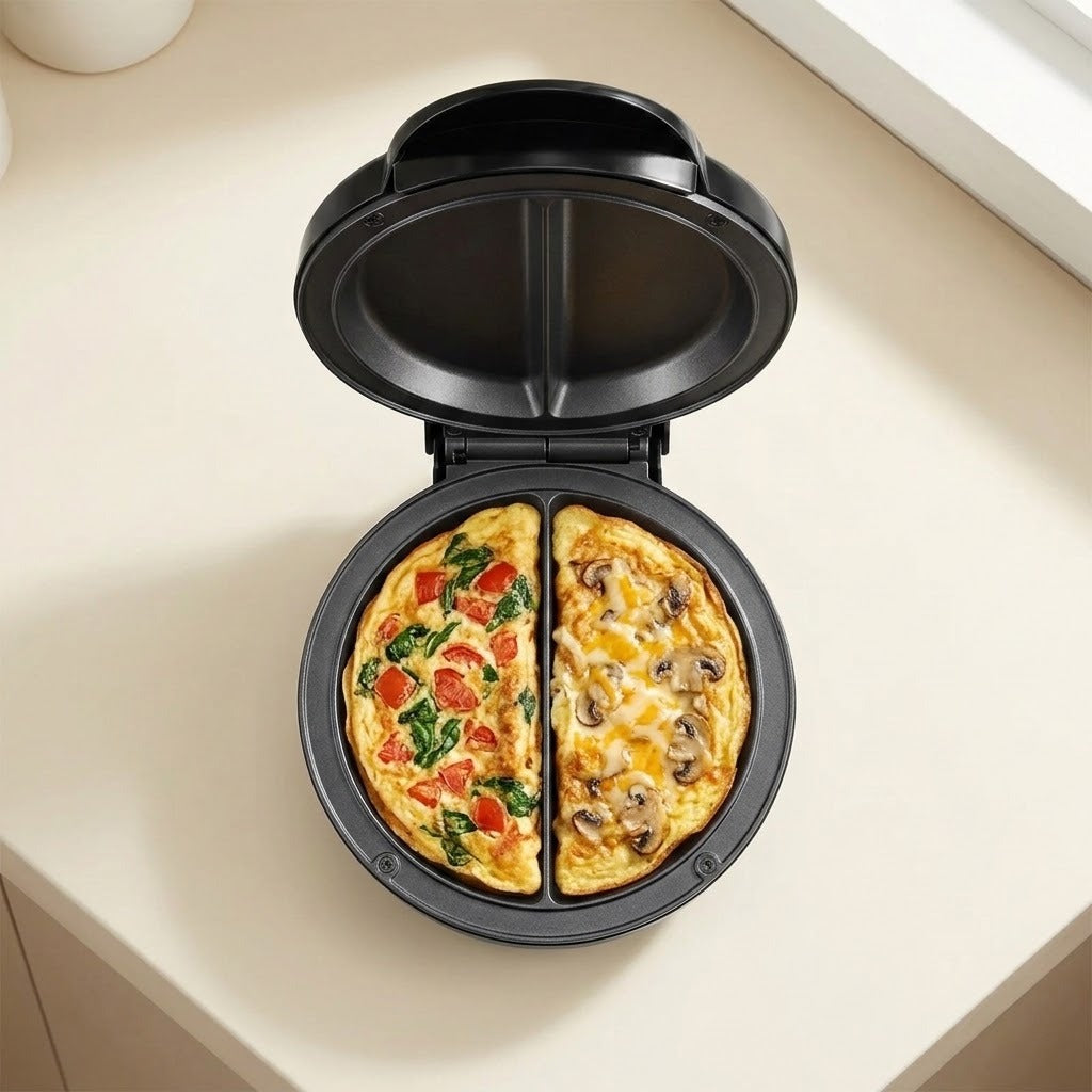 A black electric waffle maker or mini pizza oven shown open on a light beige countertop, with two cooked halves visible inside. One half has a tomato and spinach pizza topping, and the other has a mushroom and cheese topping.