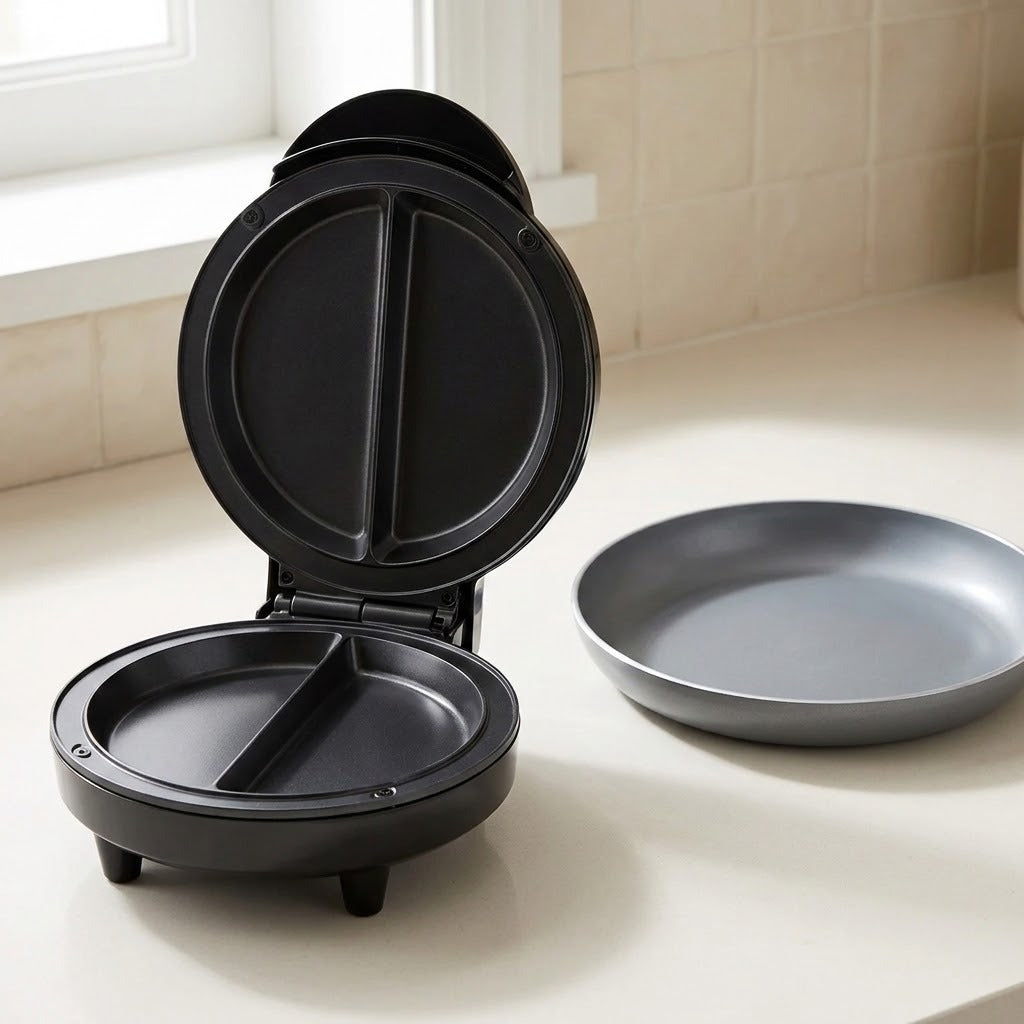 A black round sandwich maker or mini toaster is shown open on a kitchen counter, with its gray plate removed and placed beside it. The scene is set in a real kitchen environment with a tiled backsplash and window light.