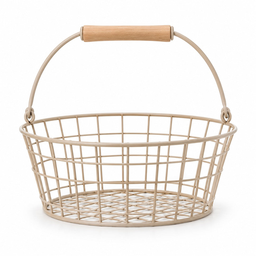 One empty Beige Wire Basket with Wooden Grip stands alone against a white background.