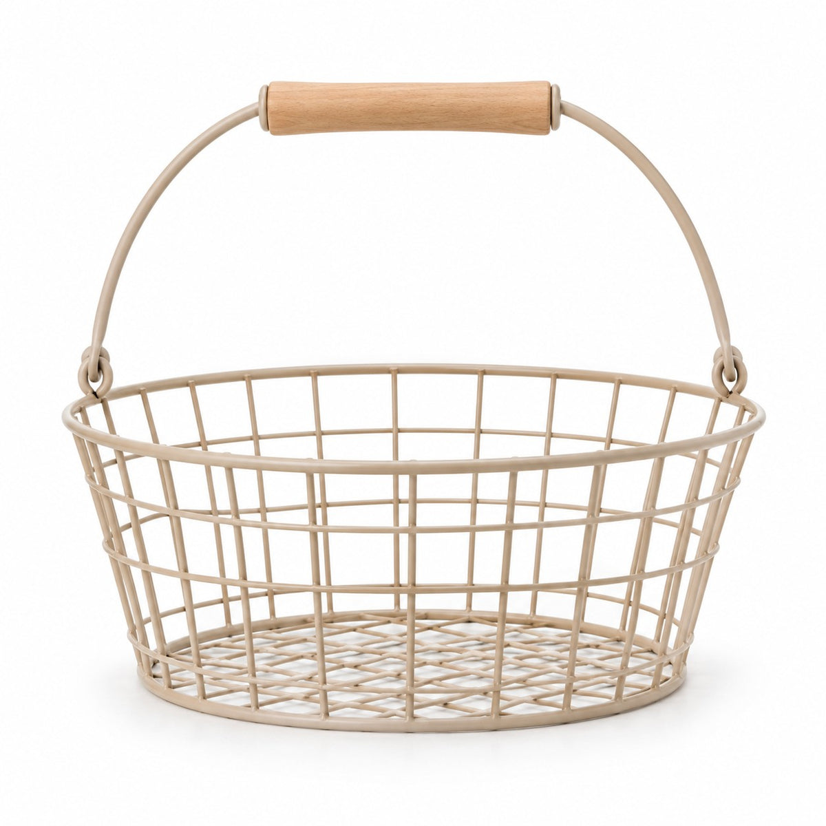 One empty Beige Wire Basket with Wooden Grip stands alone against a white background.