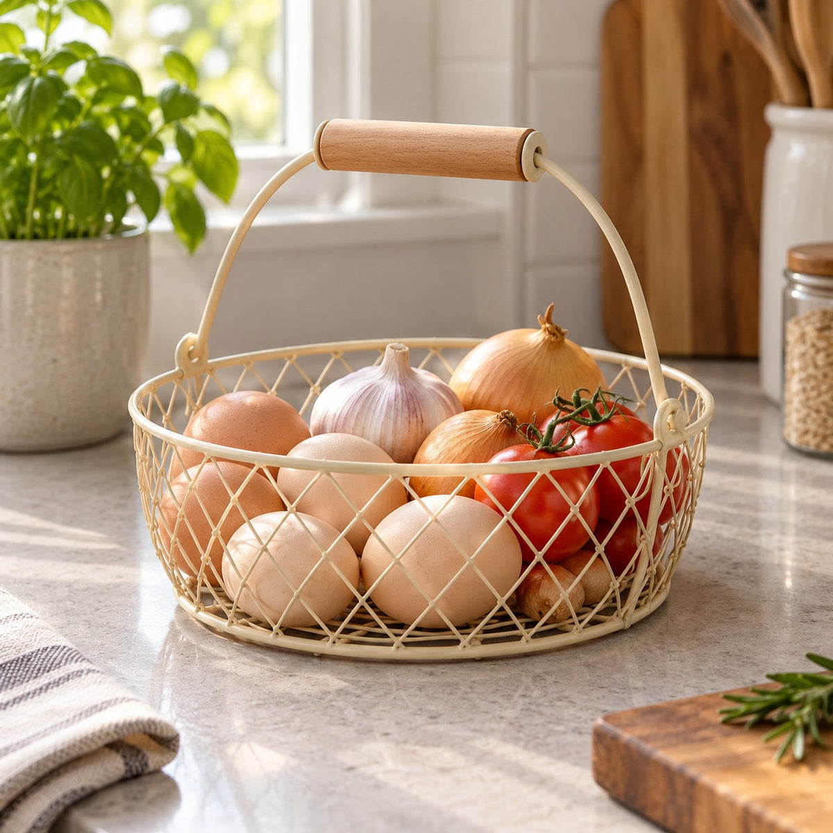 Beige Wire Basket with Wooden Grip gathers eggs and produce on a kitchen counter.