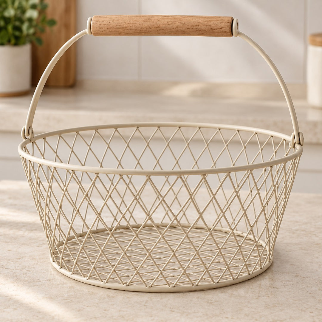 Beige Wire Basket with Wooden Grip shows its sturdy open wire grid and smooth wood handle.