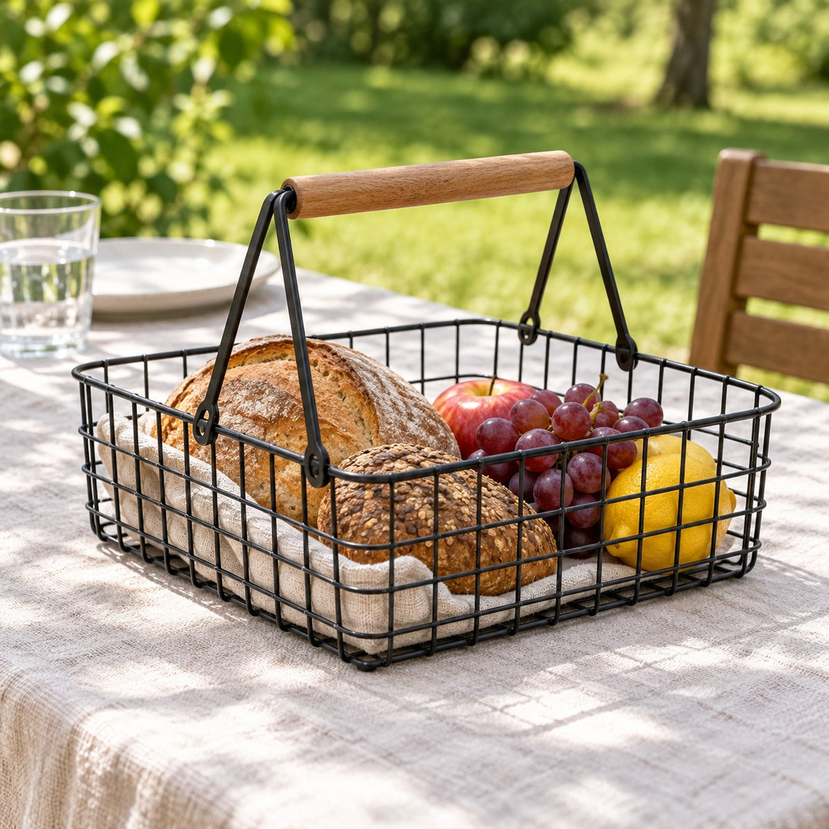 Black Wire Basket with Wooden Grip carries bread and fruit beside a picnic table setting.
