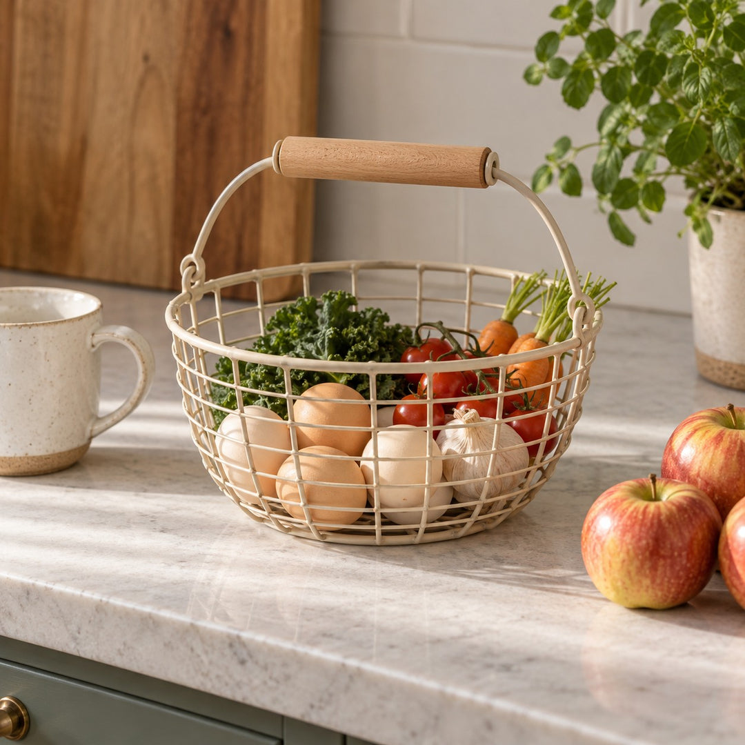 Compact Beige Wire Basket with Wooden Grip holds eggs and fruit beside a ceramic mug.