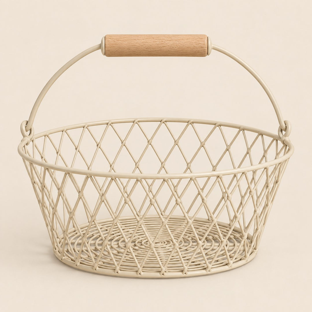 Beige Wire Basket with Wooden Grip shown alone against a soft beige studio backdrop.