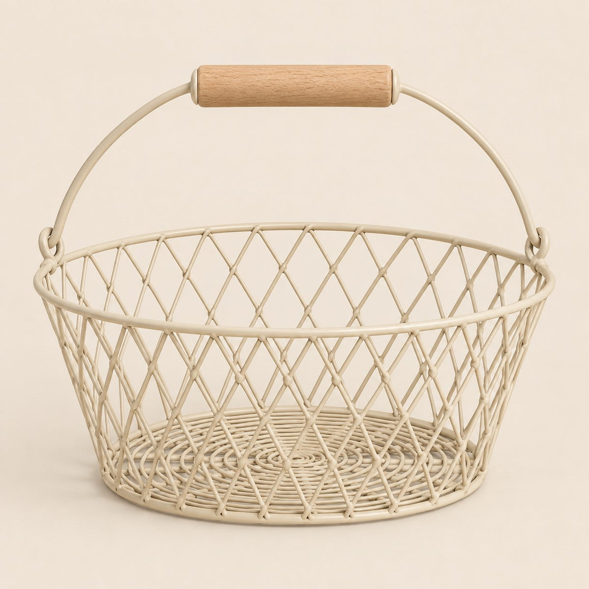 Beige Wire Basket with Wooden Grip shown alone against a soft beige studio backdrop.
