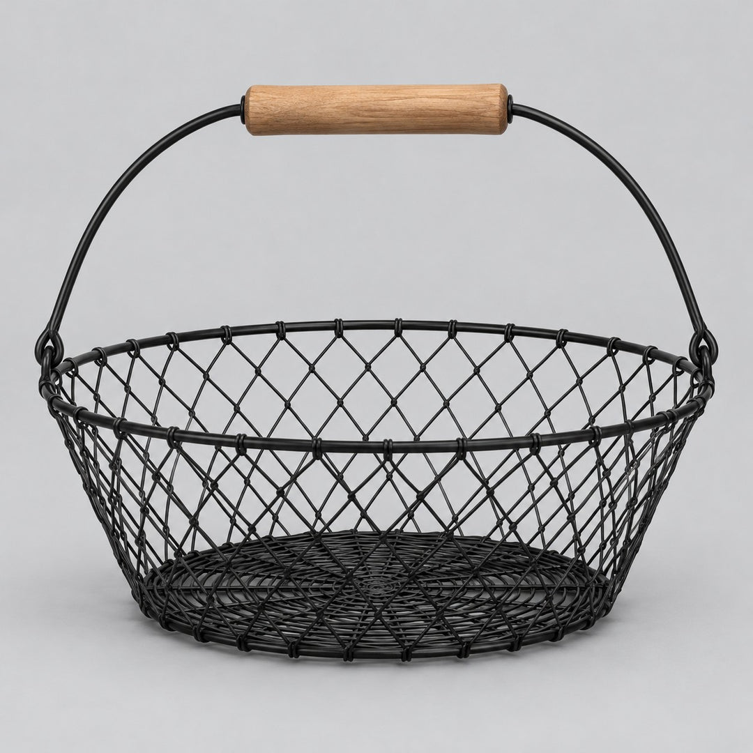 Black Wire Basket with Wooden Grip shown alone against a soft gray studio backdrop.