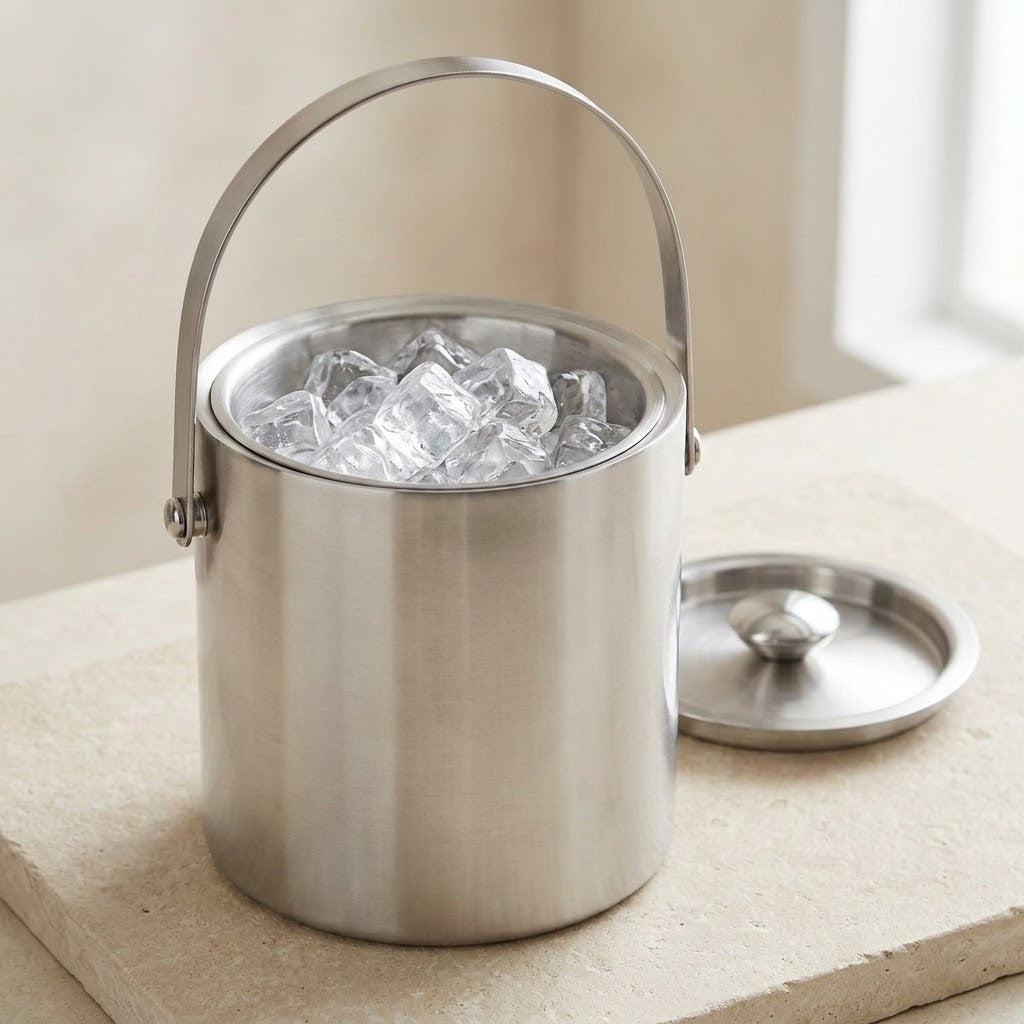 A stainless steel ice bucket with a curved handle, filled with clear ice cubes, shown on a light stone surface with its matching metal lid beside it.