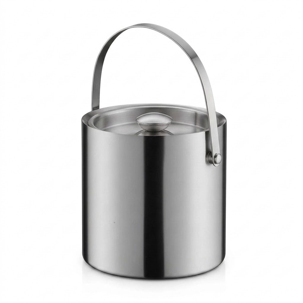 A stainless steel cylindrical bucket with a matching metal handle and lid, shown on a clean white background.