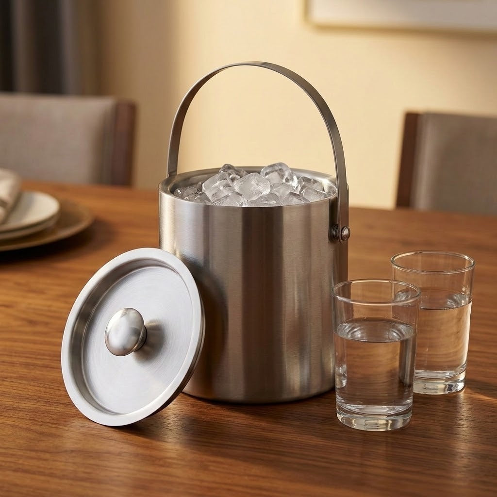 A stainless steel ice bucket with a handle, filled with ice, sits on a wooden table with its lid placed beside it and two clear drinking glasses nearby. The setting appears to be a dining or kitchen environment with softly blurred chairs and tableware in the background.