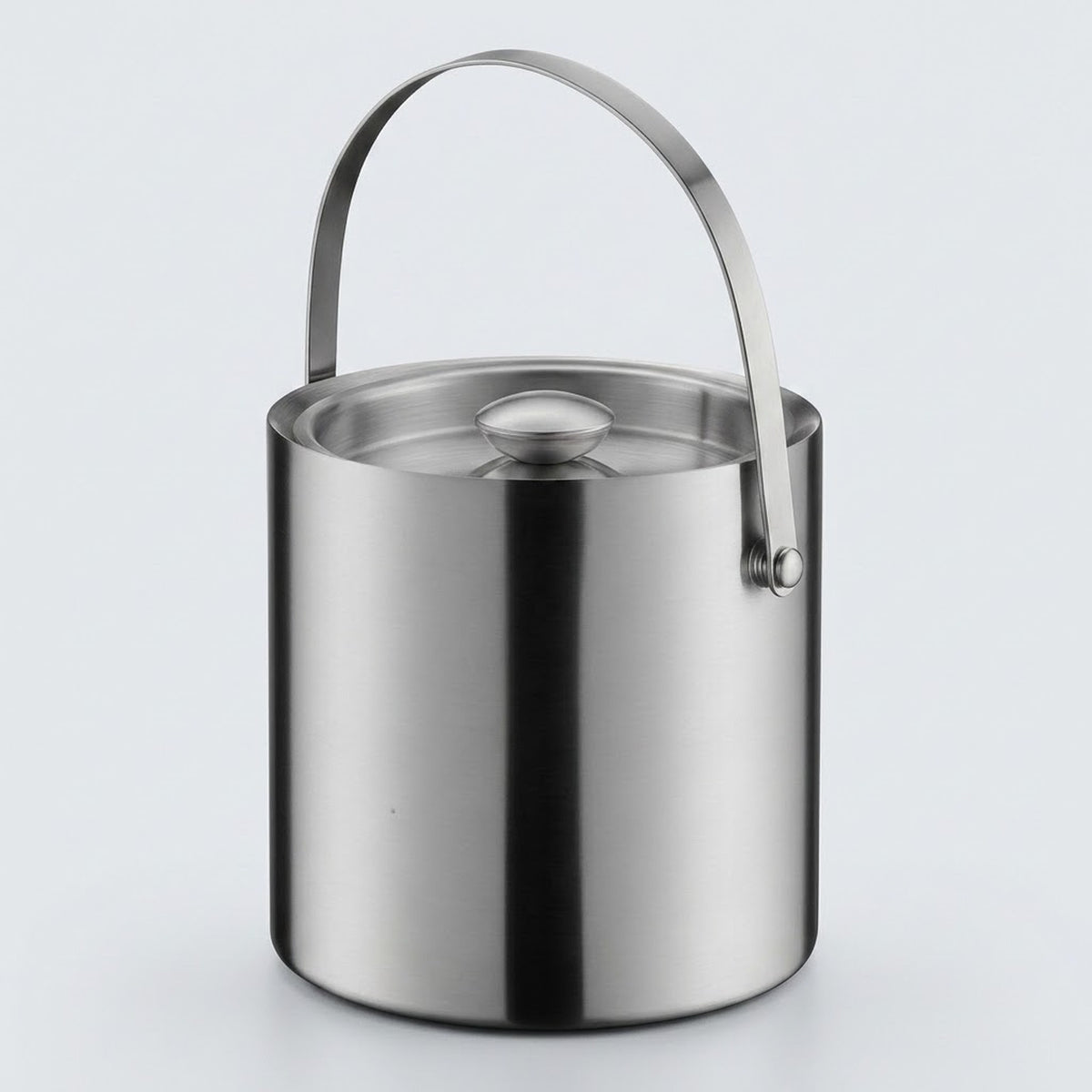A stainless steel cylindrical bucket with a matching metal handle and lid, shown on a clean light gray background.
