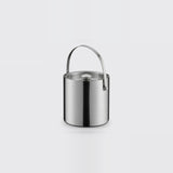 A stainless steel cylindrical bucket with a matching metal lid and a curved carrying handle, shown on a clean light gray background.