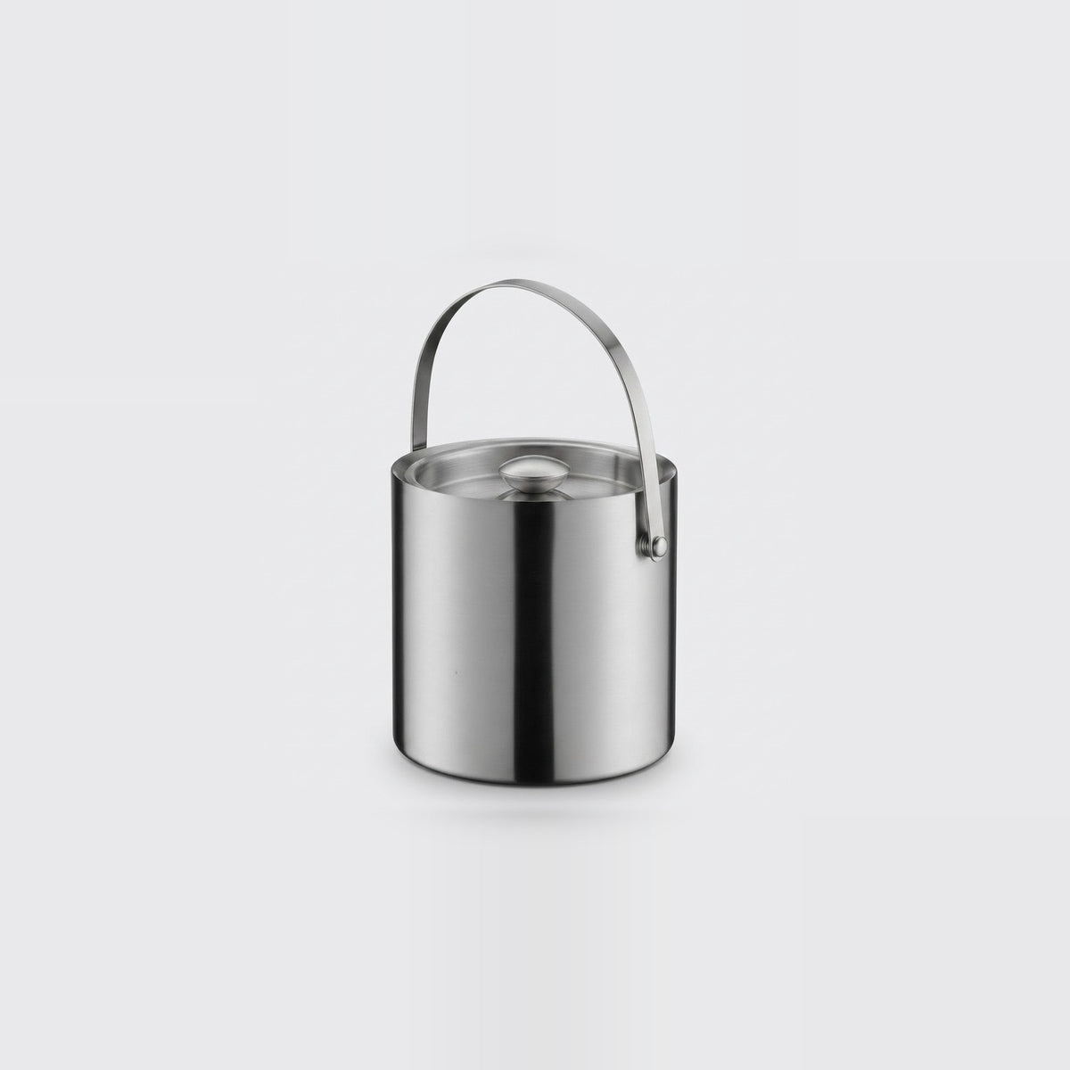A stainless steel cylindrical bucket with a matching metal lid and a curved carrying handle, shown on a clean light gray background.