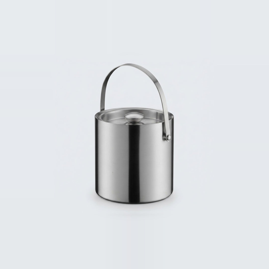 A stainless steel cylindrical bucket with a matching lid and a curved metal handle, shown on a light gray background.