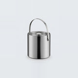 A stainless steel cylindrical bucket with a matching lid and a curved metal handle, shown on a light gray background.