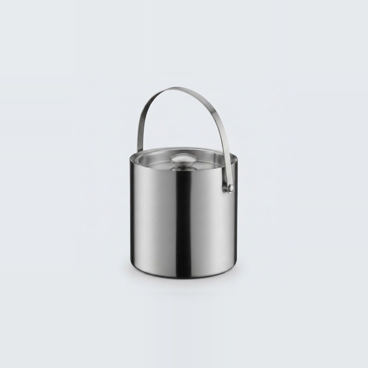 A stainless steel cylindrical bucket with a matching lid and a curved metal handle, shown on a light gray background.