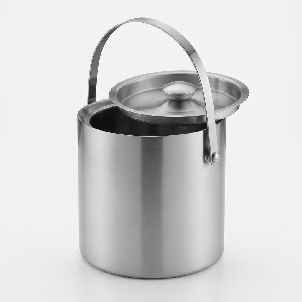 A stainless steel cylindrical bucket with a matching lid and a curved carrying handle, shown on a clean white background.