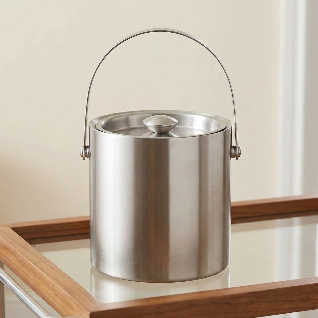 A brushed stainless steel cylindrical bucket with a lid and a curved metal handle, shown on a glass-and-wood surface against a soft beige background.