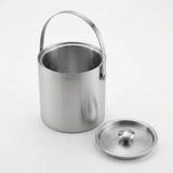 A stainless steel cylindrical bucket with a curved carrying handle, shown open with its matching round lid placed beside it on a clean white background.