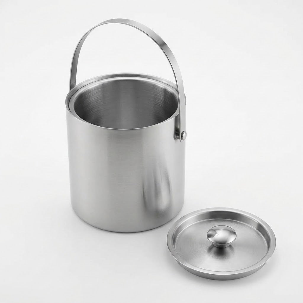 A stainless steel cylindrical bucket with a curved carrying handle, shown open with its matching round lid placed beside it on a clean white background.