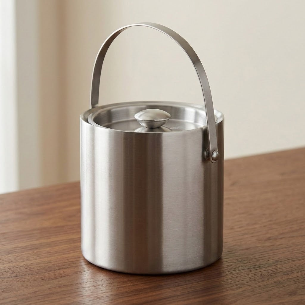 A brushed stainless steel cylindrical container with a matching lid and a curved metal handle, shown on a wooden tabletop against a soft beige indoor background.