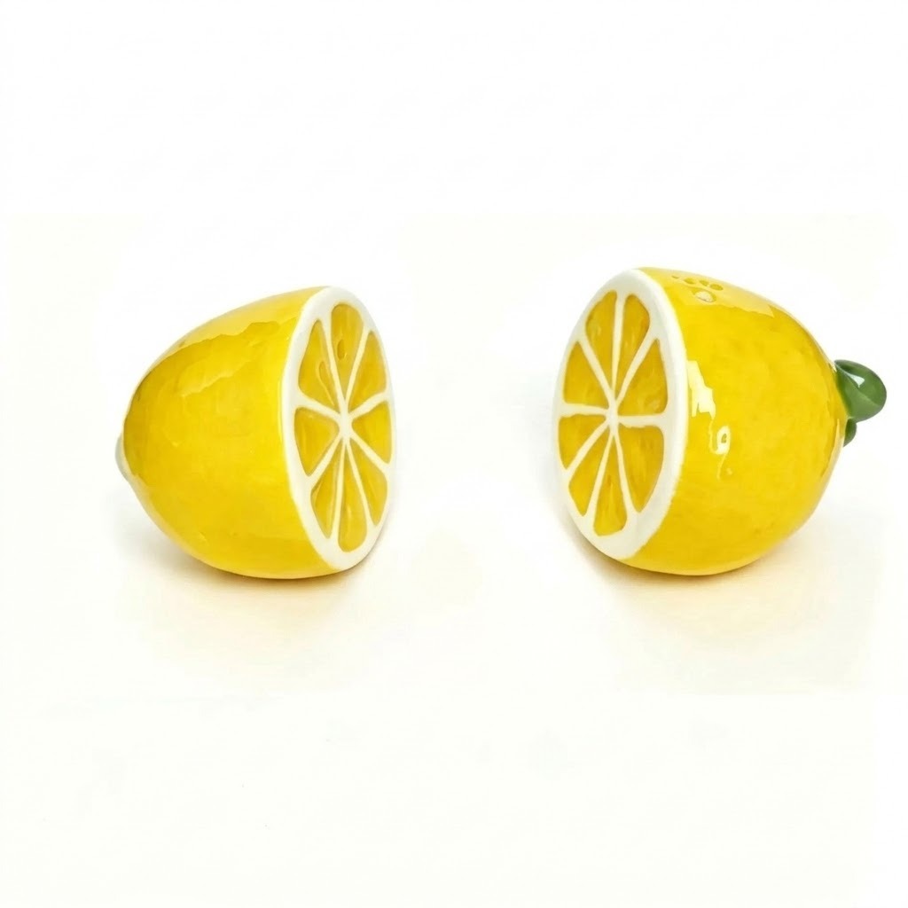 A pair of lemon-shaped stud earrings on a plain white background. One earring is shown from the side, revealing a bright yellow body with a white cross-section detail, and the other is shown from the front with a small green stem on the right.