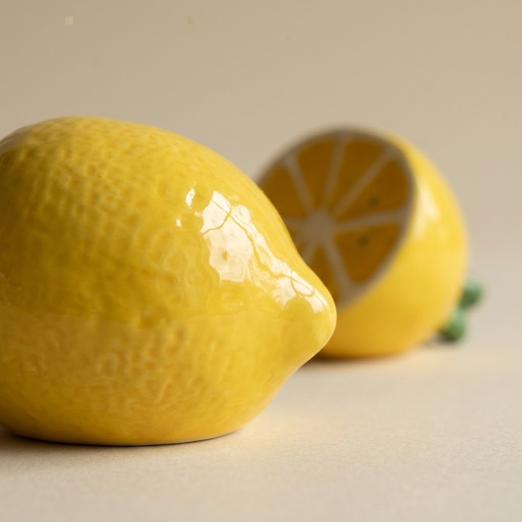 A glossy yellow lemon-shaped ceramic container or holder, shown with one whole lemon in the foreground and a cut lemon revealing the interior in the background, on a plain light beige surface.