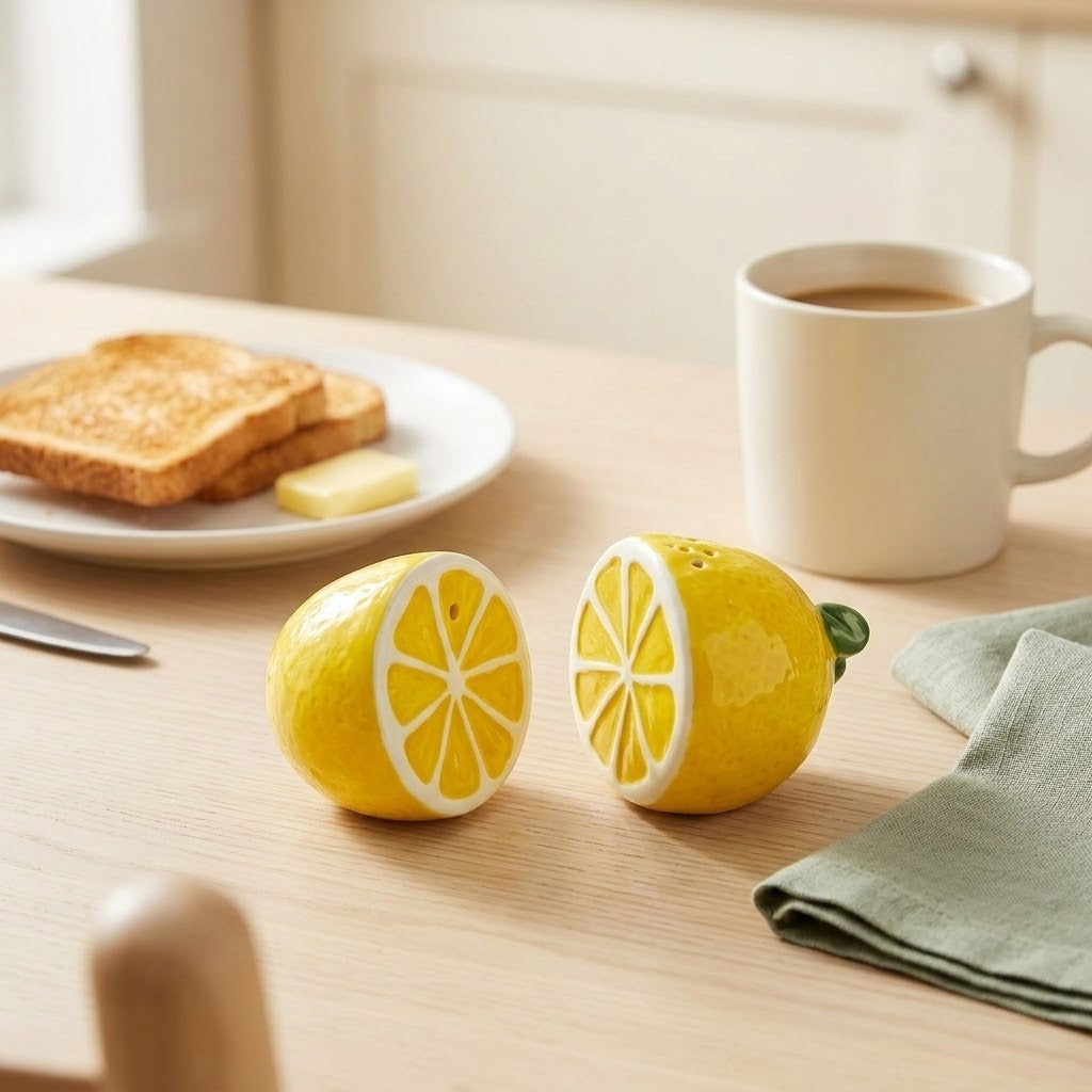 Two ceramic lemon-shaped salt and pepper shakers on a light wood table in a breakfast setting, with toast, butter, a mug of coffee, and a napkin nearby.