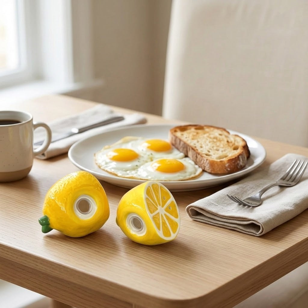 Two yellow lemon-shaped ceramic salt and pepper shakers placed on a light wood table next to a breakfast plate with eggs and toast, alongside a coffee cup, napkin, and fork.