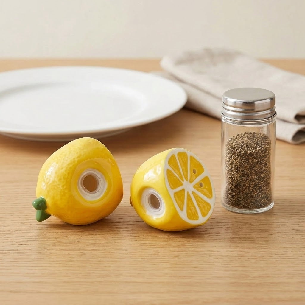 Two ceramic lemon-shaped salt and pepper shakers sit on a wooden table next to a clear glass pepper mill jar. A white plate and a folded beige cloth are blurred in the background.