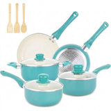 A 7-piece teal non-stick cookware set with glass lids, shown with three wooden utensils on a white background. The set includes two saucepans, one pot with lid, one frying pan, and one grater.