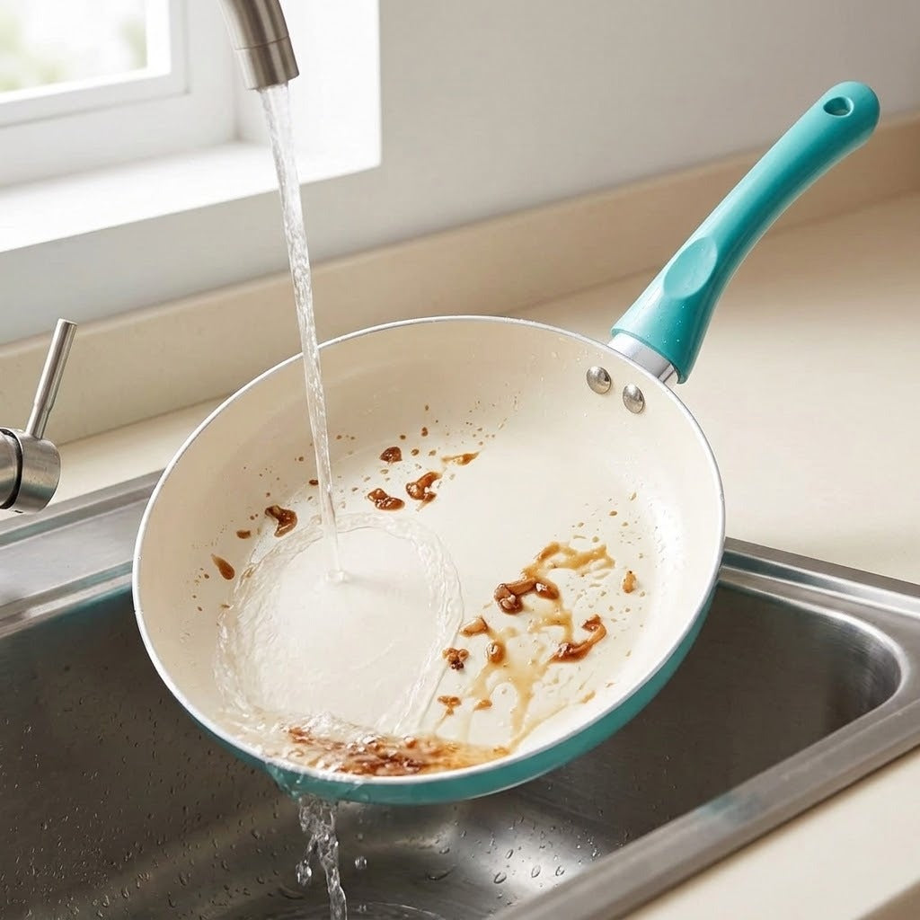 A turquoise and white non-stick frying pan with brown food residue inside, shown in a kitchen sink with water running from a faucet.