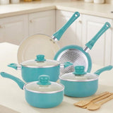 A 5-piece MELLiTA non-stick cookware set in a vibrant turquoise blue, displayed on a light beige countertop in a bright kitchen setting. The set includes two saucepans with glass lids, one frying pan, one deep pot with a perforated insert, and wooden utensils.