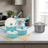 A turquoise and stainless steel cookware set arranged on a kitchen counter, including pots, pans, lids, wooden utensils, and a frying pan, with a blurred kitchen background.