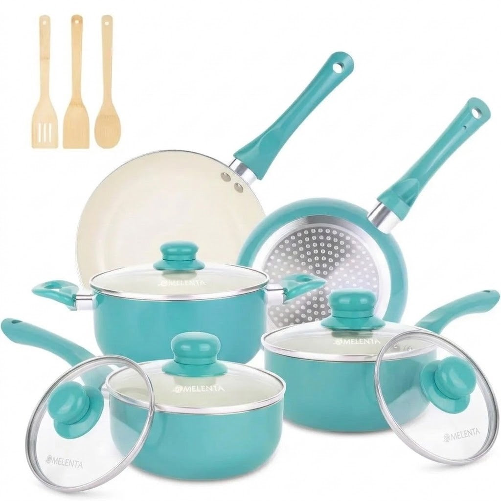 A 12-piece kitchen cookware set by Melenta in a vibrant turquoise color, featuring saucepans, a frying pan, a griddle, and three wooden utensils, all arranged on a clean white background.