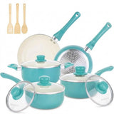 A 12-piece kitchen cookware set by Melenta in a vibrant turquoise color, featuring saucepans, a frying pan, a griddle, and three wooden utensils, all arranged on a clean white background.