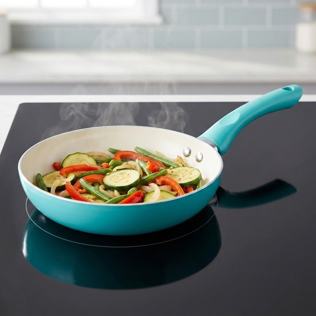 A turquoise nonstick frying pan with a white interior sits on a black induction cooktop, cooking sliced zucchini, red bell peppers, and green beans with visible steam rising.