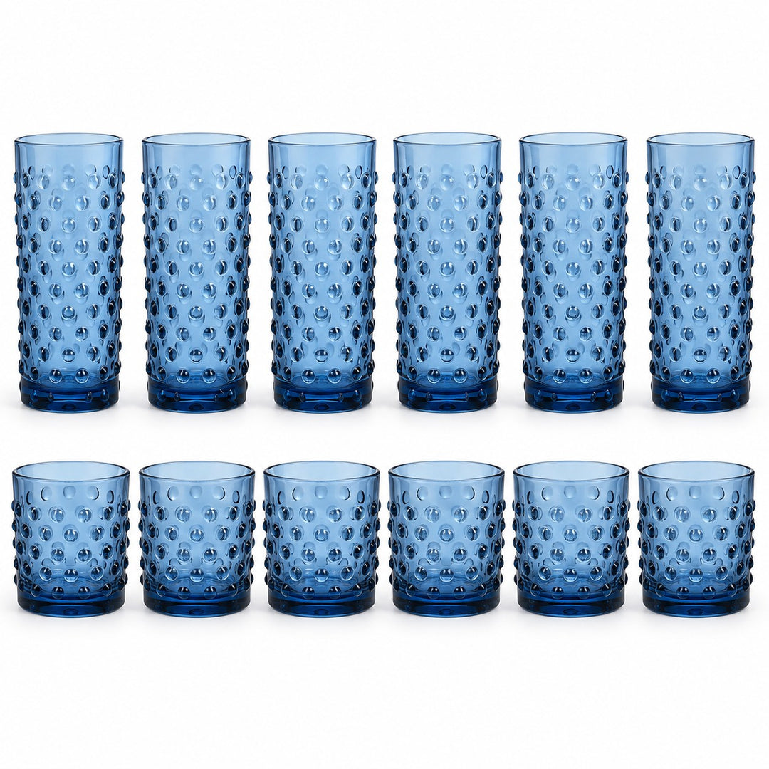 Blue Vintage Hobnail Drinking Glass Set includes twelve glasses in tall and short sizes on white.