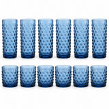 Blue Vintage Hobnail Drinking Glass Set includes twelve glasses in tall and short sizes on white.