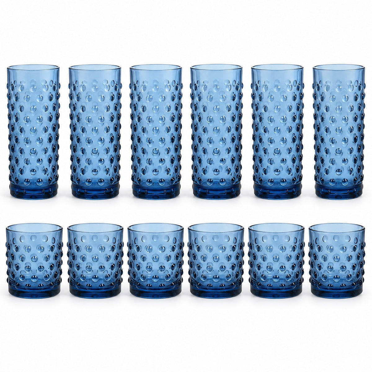 Blue Vintage Hobnail Drinking Glass Set includes twelve glasses in tall and short sizes on white.