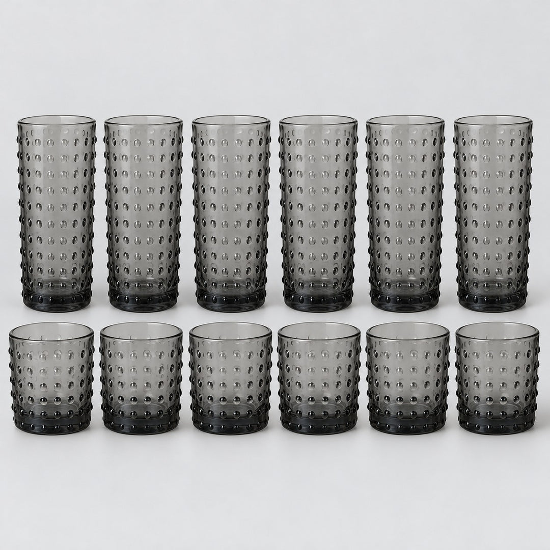 Gray Vintage Hobnail Drinking Glass Set shows twelve matching highball and rocks tumblers on pale gray.